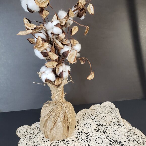 Farmhouse Natural Cotton Stems in a Burlap Vase Decor Country Floral Arrangement - Picture 2 of 8